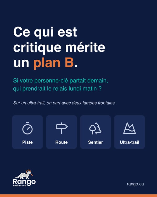 Ce qui est critique mérite un plan B. Si votre personne-clé partait demain, qui prendrait le relais lundi matin ? Sur un ultra-trail, on part avec deux lampes frontales.